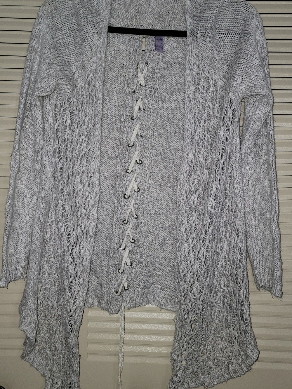 Light Gray Open-Knit Lace-Up Women's Sweater Cardigan
